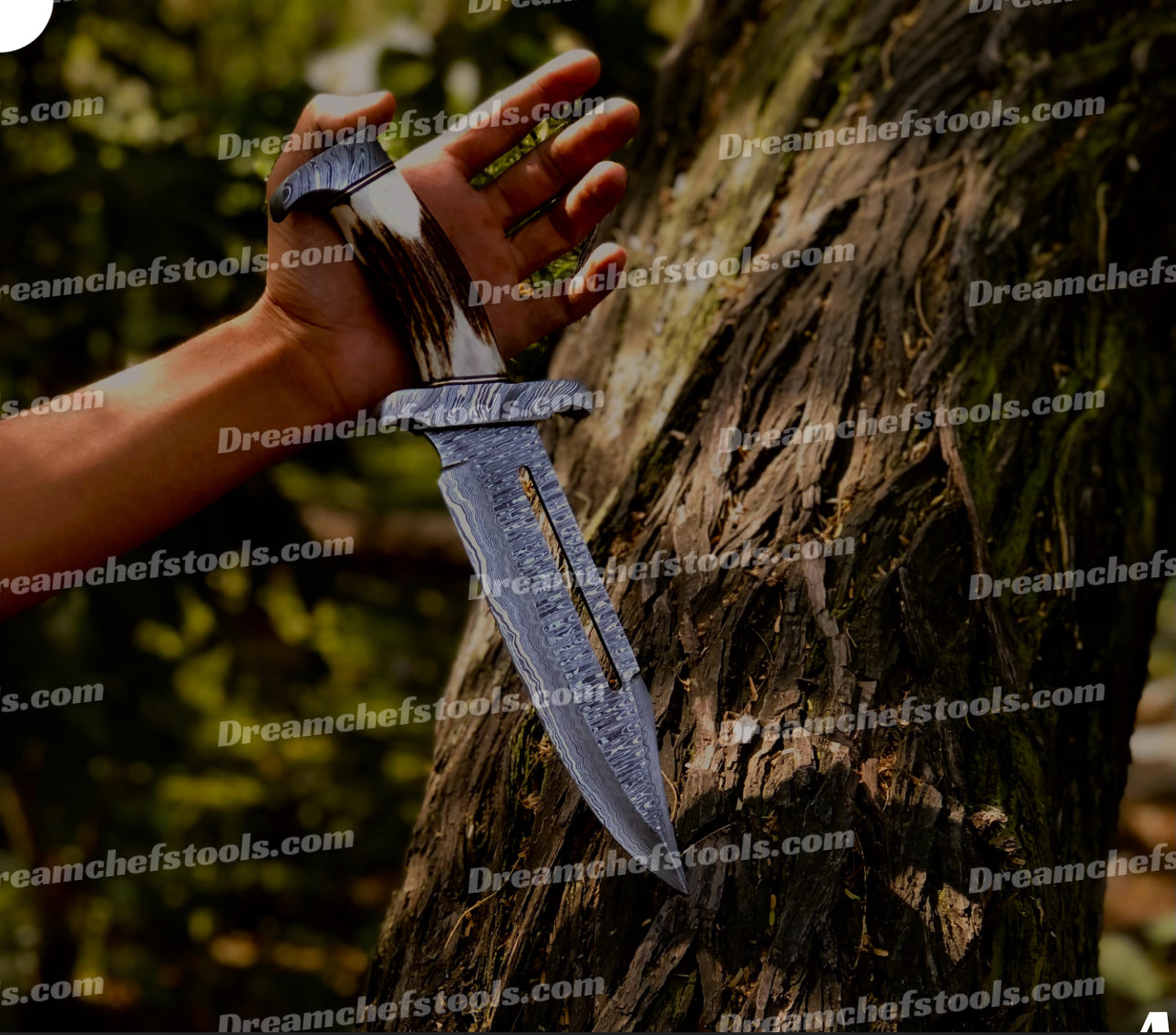 Damascus Steel Bowie Knife with Leather Sheath - Features a 15-inch blade, full tang construction, and premium stag antler handle