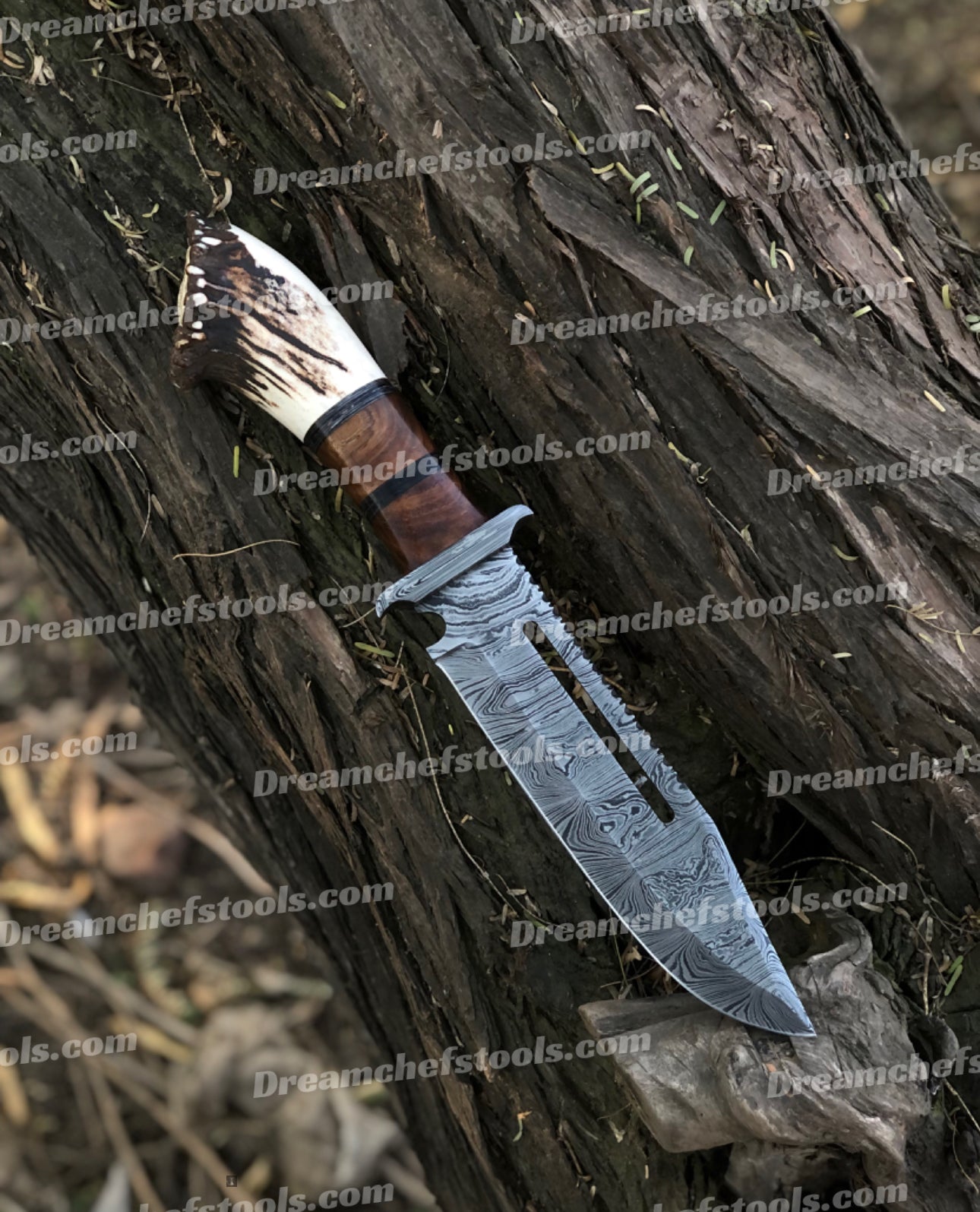 Damascus Steel Bowie Knife with Leather Sheath - Features a 15-inch blade, full tang, stag crown antler, and rosewood handle