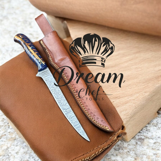 Fillet Knives for Fish – 13" Damascus Steel Blade with Blue Pine Cone Resin Handle & Leather Sheath