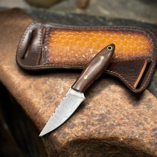 "Damascus Steel Ranch Knife with Rosewood Handle and Leather Sheath – 8-Inch Outdoor Blade"

