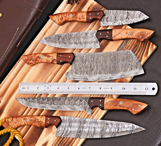 Damascus knife kitchen set featuring hand-forged blades from 9 to 13 inches, with elegant rosewood and olive wood handles