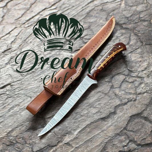 Fish Filleting Knife – 13" Damascus Steel Blade with Maroon Pine Cone Resin Handle & Leather Sheath



