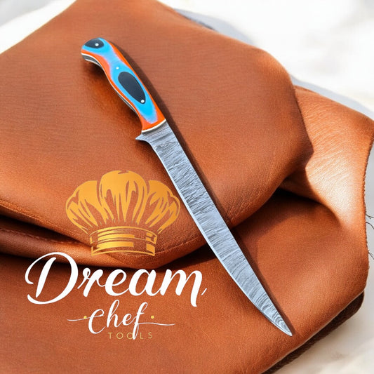 Best Filleting Knife for Fish – 13" Handmade Damascus Steel Blade with Resin Handle and Leather Sheath


