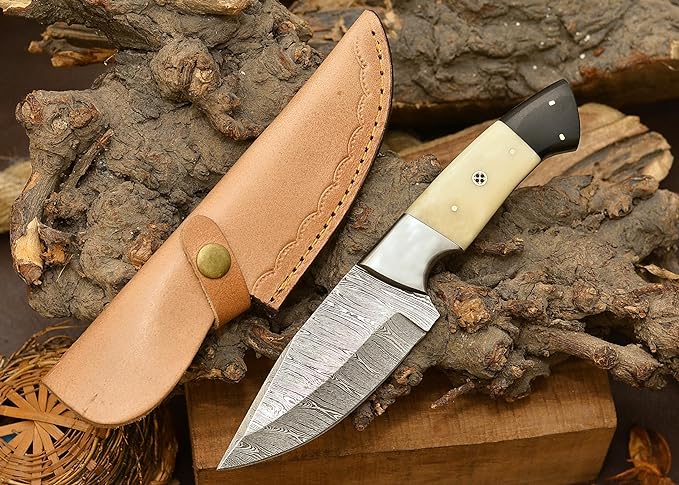 "Damascus steel hunting knife featuring a 10-inch blade, steel bolster, and camel bone buffalo horn handle."