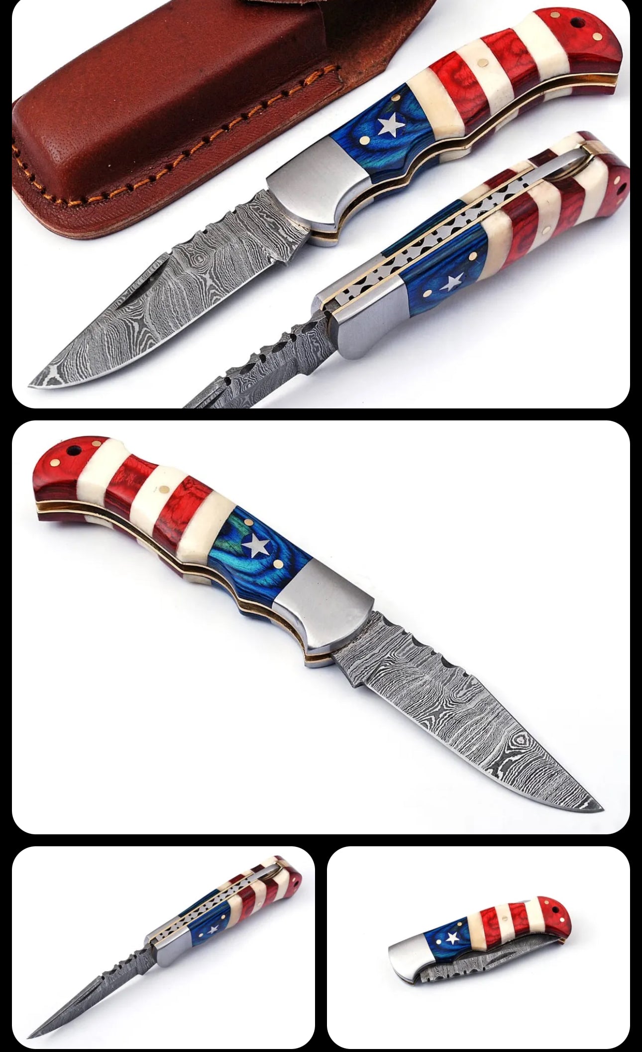 Detailed view of a 3-inch Damascus folding knife with an American Flag handle, steel bolster, and custom leather sheath