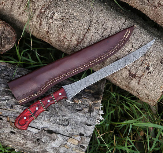 Durable 13" Damascus Fishing Fillet Knife with Pakka Wood Handle and Leather Sheath for Precision Filleting