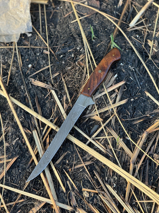 Durable 13" Damascus Steel Fishing Fillet Knife with Rosewood Handle, Steel Bolster, and Leather Sheath