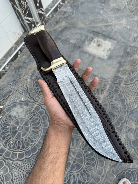 Custom Handmade Damascus Steel Crocodile Dundee Bowie Knife with Brass Guard and Leather Handle, 16-inch Overall Length, with Leather Sheath”