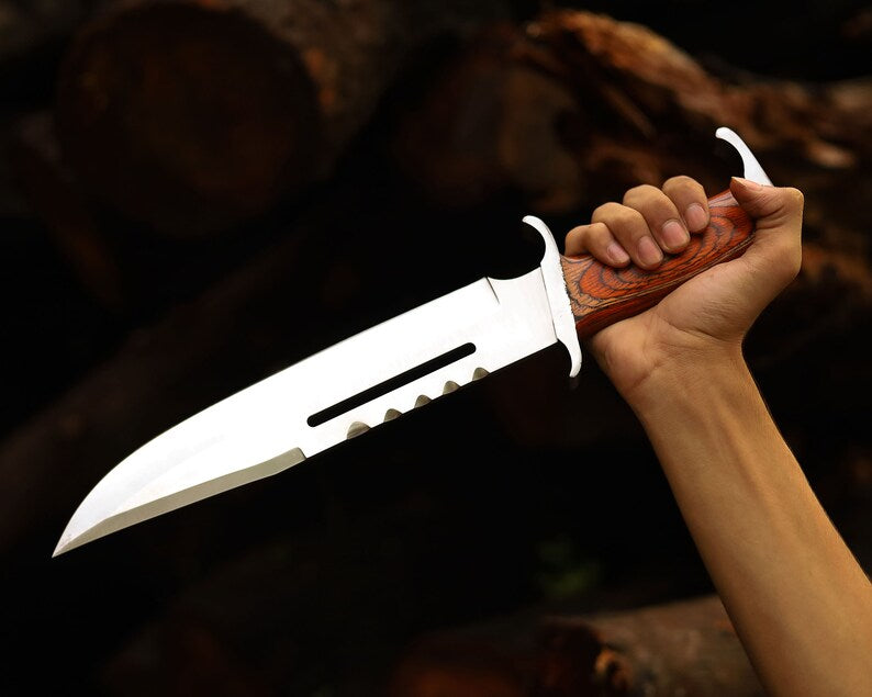 Premium Custom Handmade J2 Steel Bowie Knife – 15-Inch Blade with Durable Pakka Wood and Steel Guard Handle, Includes Handcrafted Leather Sheath