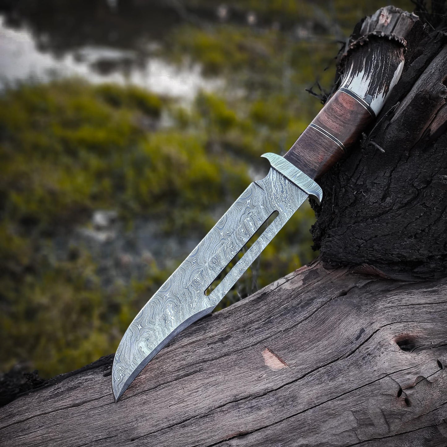 Custom Handmade Damascus Steel Bowie Knife with Stag Handle and Damascus Steel Guard, 16-inch Overall Length, with Leather Sheath”