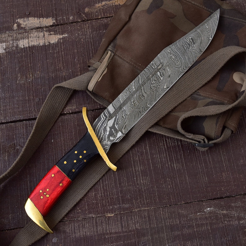 Handmade Damascus Steel Rambo Bowie Knife with Brass Wood Handle and Custom Leather Sheath”