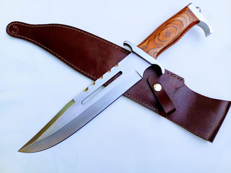 Custom Handmade J2 Steel Bowie Knife – 15-Inch Blade with Pakka Wood Handle & Steel Guard, Premium Leather Sheath Included