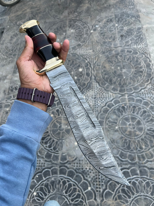 Custom Handmade Damascus Steel Hunting Bowie Knife - 16 Inch Length with Leather, Buffalo Horn, and Brass Handle, Includes Leather Sheath with Belt Loop  This should help you with both SEO and providing a clear, enticing product description! Let me know if you need any adjustments or additional details.