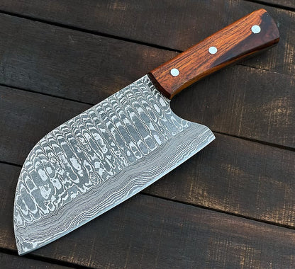 Custom handmade Damascus steel cleaver knife rose wood handle