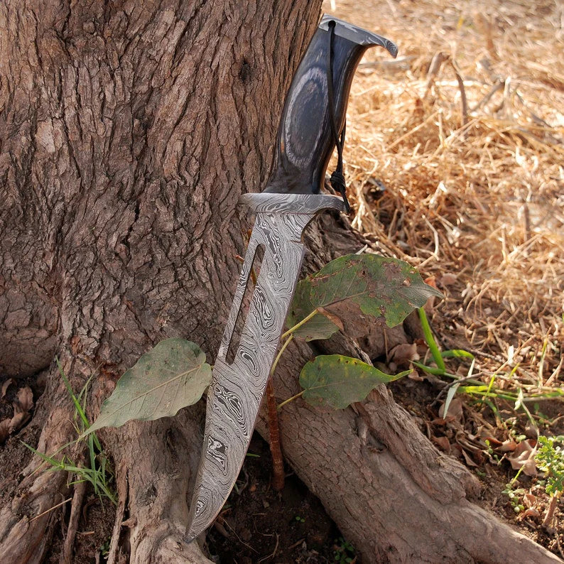 Custom Handmade Damascus Steel Rambo Bowie Knife with Brass Wood Handle and Leather Sheath”