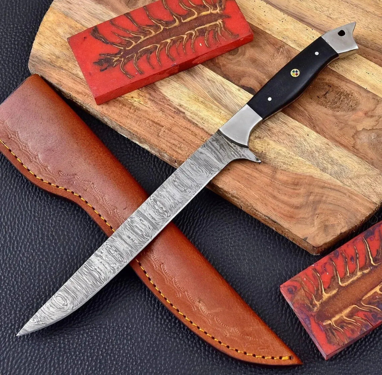 Elegant 13" Damascus Fishing Fillet Knife with Buffalo Horn Handle, Steel Bolster, and Protective Leather Sheath