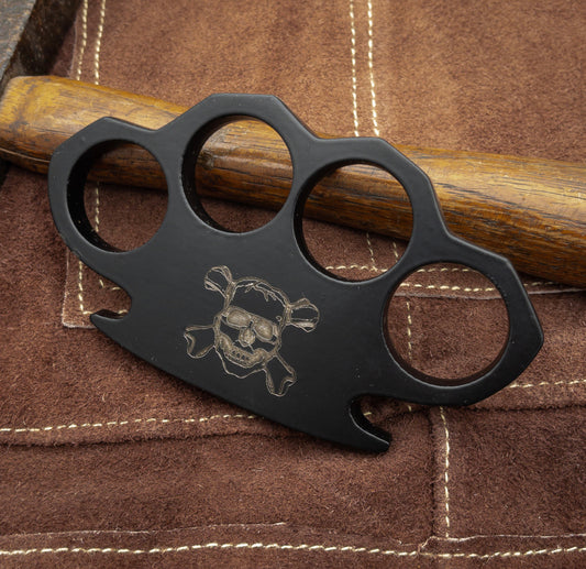 Engraved Black Steel Brass Knuckle Duster with Leather Case - Ideal Gift Item