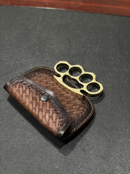 Everyday carry brass knuckles with belt loop leather case
