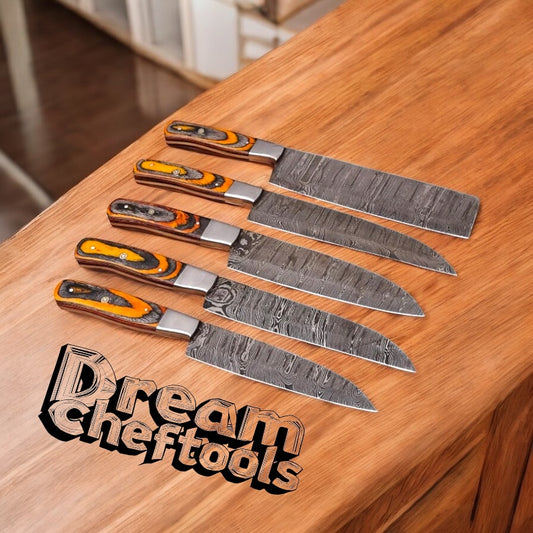 Best Knife Sets for Kitchen – Damascus Steel with Pakkawood Handles & Leather Roll Kit

