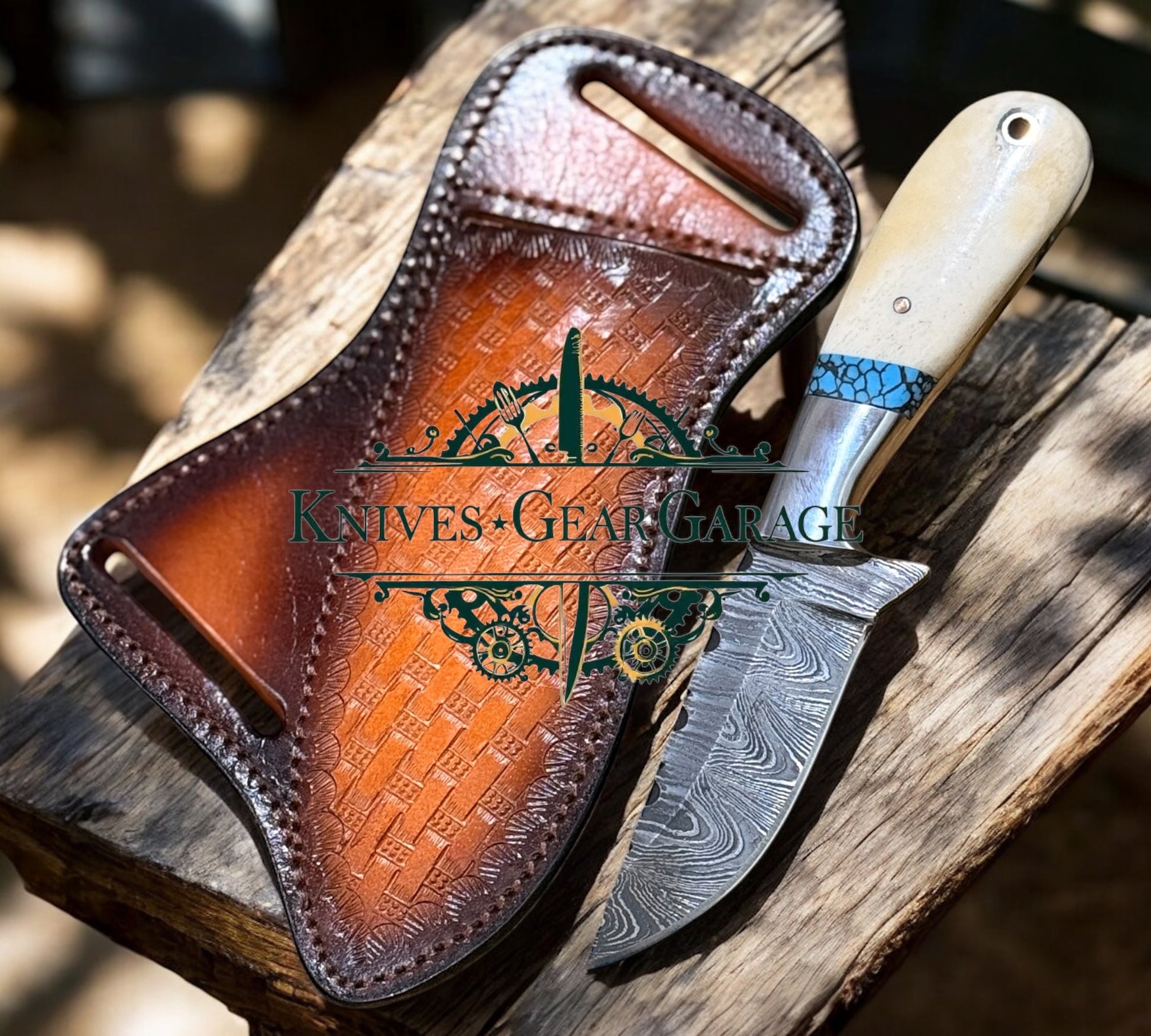 Western Knife with 3.5" Damascus Blade & Bone–Turquoise Handle