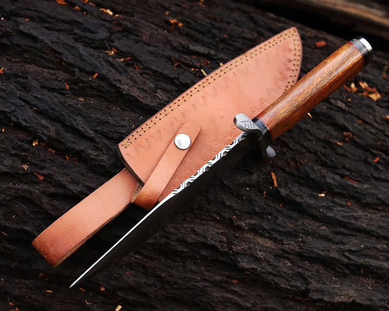 Premium Handcrafted J2 Steel Bowie Knife – 13-Inch Blade with Bone and Steel Guard Handle, Hand-Stitched Leather Sheath