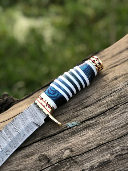 The Masterpiece Bowie: 14-Inch Damascus Steel Bowie Knife with Exotic Pakka Wood, Bone, Brass Guard, and Spacers