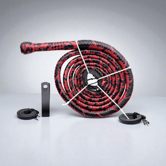 Custom Handmade Leather Whip – Black or Red, 4ft–16ft, 16 Plait with Belt Holder