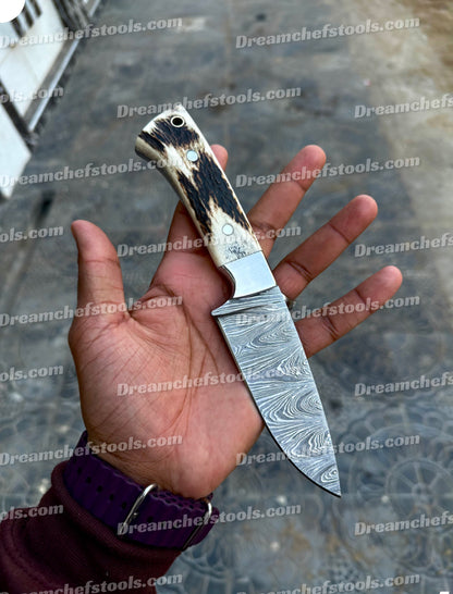 The Wilderness Elegance: Antler Horn and Steel Bolster Hunting Knife with Full Tang Damascus Steel Blade - 8.5 Inches