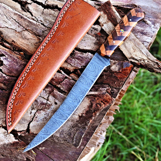 Fishing fillet knife with a Damascus steel blade, rosewood and olive wood handle, and leather sheath, ideal for precision cuts.