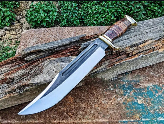 Custom Handmade 16-Inch J2 Steel Crocodile Dundee Bowie Knife with Brass Guard and Leather Handle, Includes Leather Sheath”