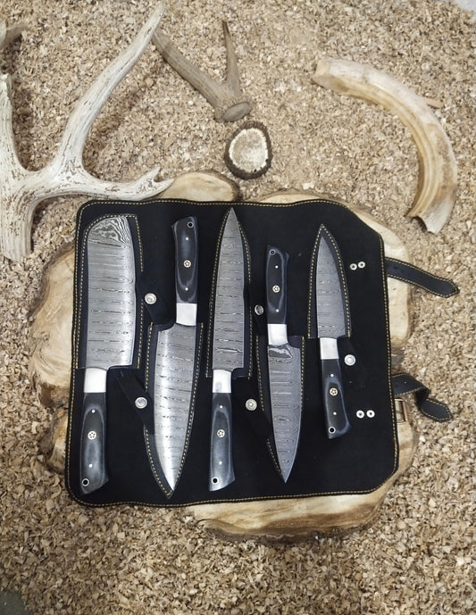 Hand-forged Damascus knife set with 9 to 13-inch blades and G10 handles, ideal for precision cutting and outdoor activities