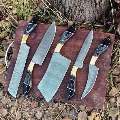 Hand-forged Damascus steel kitchen knife set with 9 to 13-inch blades and pakkawood handles