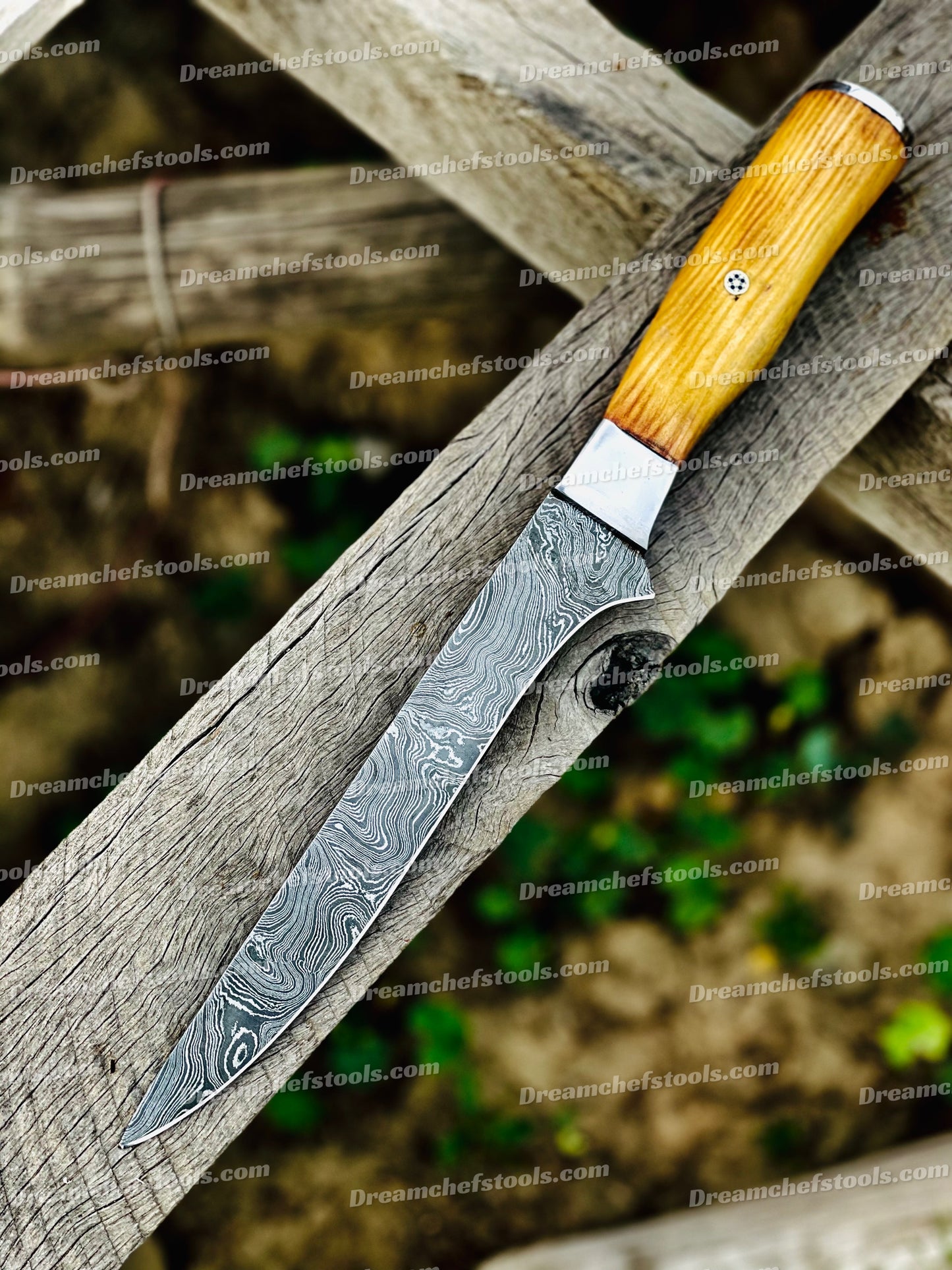 Handcrafted 12" Damascus Fishing Fillet Knife with Olive Wood Handle and Leather Sheath