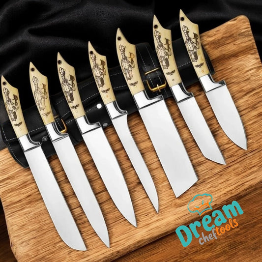 "Handcrafted Chef Knives Set in Leather Case – J2 Steel & Engraved Camel Bone Handle" (Highlights craftsmanship and key features)

