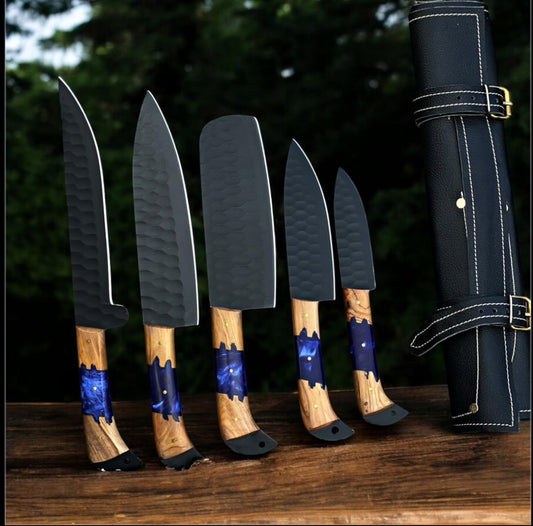 "Handcrafted Custom Kitchen Knives Set with Forged Stainless Steel Blades and Cow & Rain Handles"

