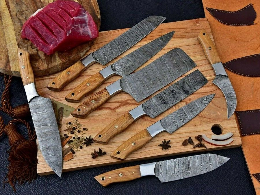 "Handcrafted Damascus Steel Kitchen Knife Set with Olive Wood Handle"


