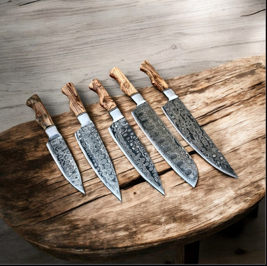 "Handcrafted Damascus Steel Knife Set with Olive Wood Handle and Leather Case"

