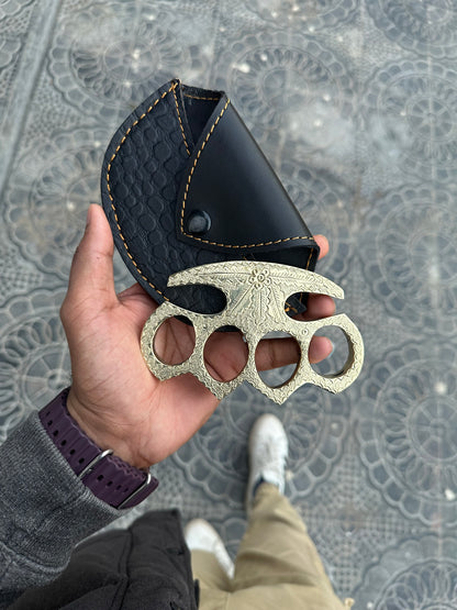 Handcrafted engraved brass knuckle with custom engraving and premium leather belt loop case