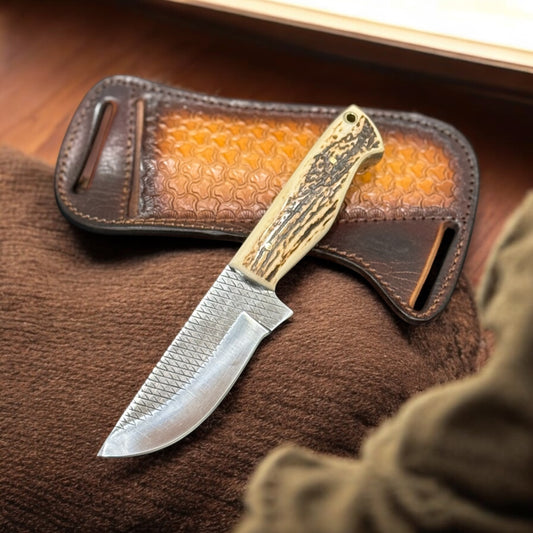 "Handcrafted country knife with leather belt sheath – stag horn handle and rasp-tool steel blade, 8-inch outdoor survival knife"

