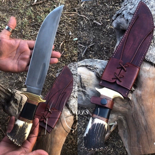 Handcrafted leather sheath with a custom J2 steel hunting knife, 16 inches in length