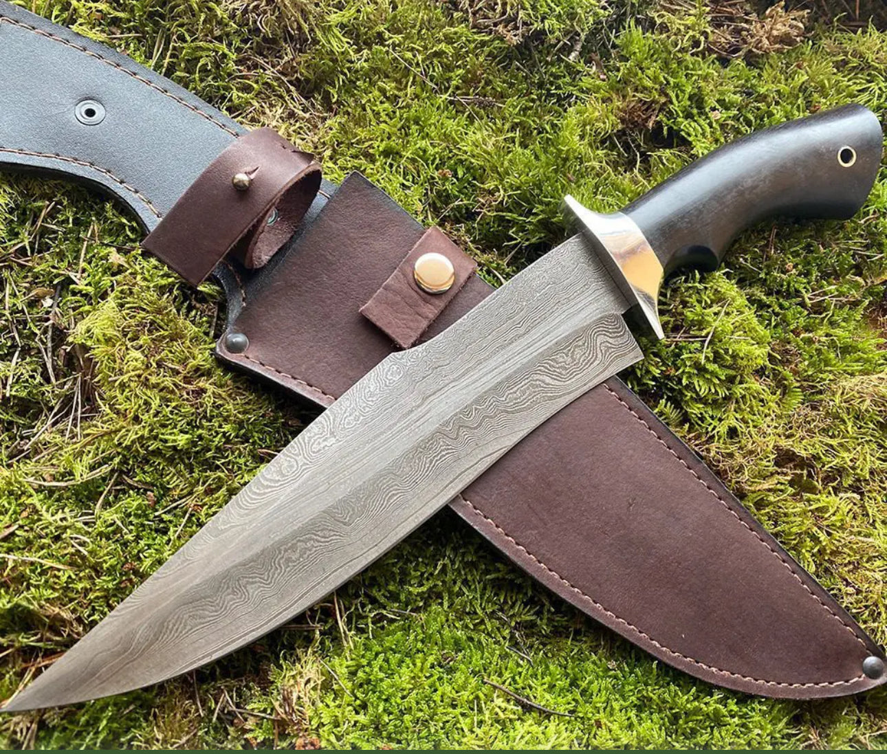 Custom Handmade 15-Inch Bowie Knife with Black Resin Handle and Steel Guard, Includes Leather Sheath”