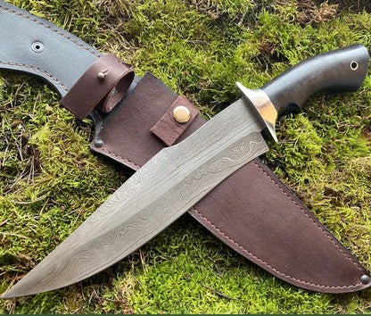 Custom Handmade 15-Inch Bowie Knife with Black Resin Handle and Steel Guard, Includes Leather Sheath”