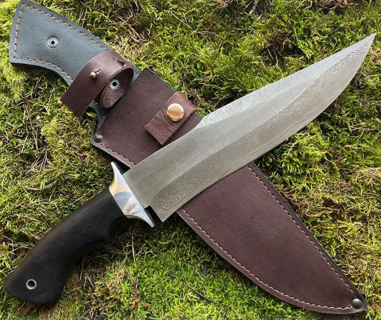 Handmade 15-Inch Damascus Steel Bowie Knife with Stag Handle and Damascus Guard, Featuring Leather Sheath.