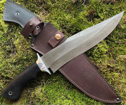 Handmade 15-Inch Damascus Steel Bowie Knife with Stag Handle and Damascus Guard, Featuring Leather Sheath.