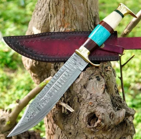 Custom Handmade 15" Damascus Steel Bowie Knife with colored bone handle and Damascus steel guard, includes leather sheath