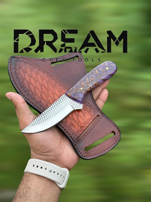 Handmade Cowboy Knife and Sheath – Rasp Steel Blade & Pine-Cone Resin Handle
