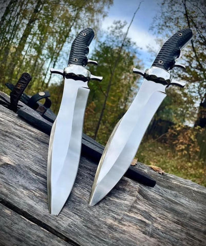 Handmade D2 Steel Bowie Knife with Steel Guard and Buffalo Horn Handle, Includes Leather Sheath”