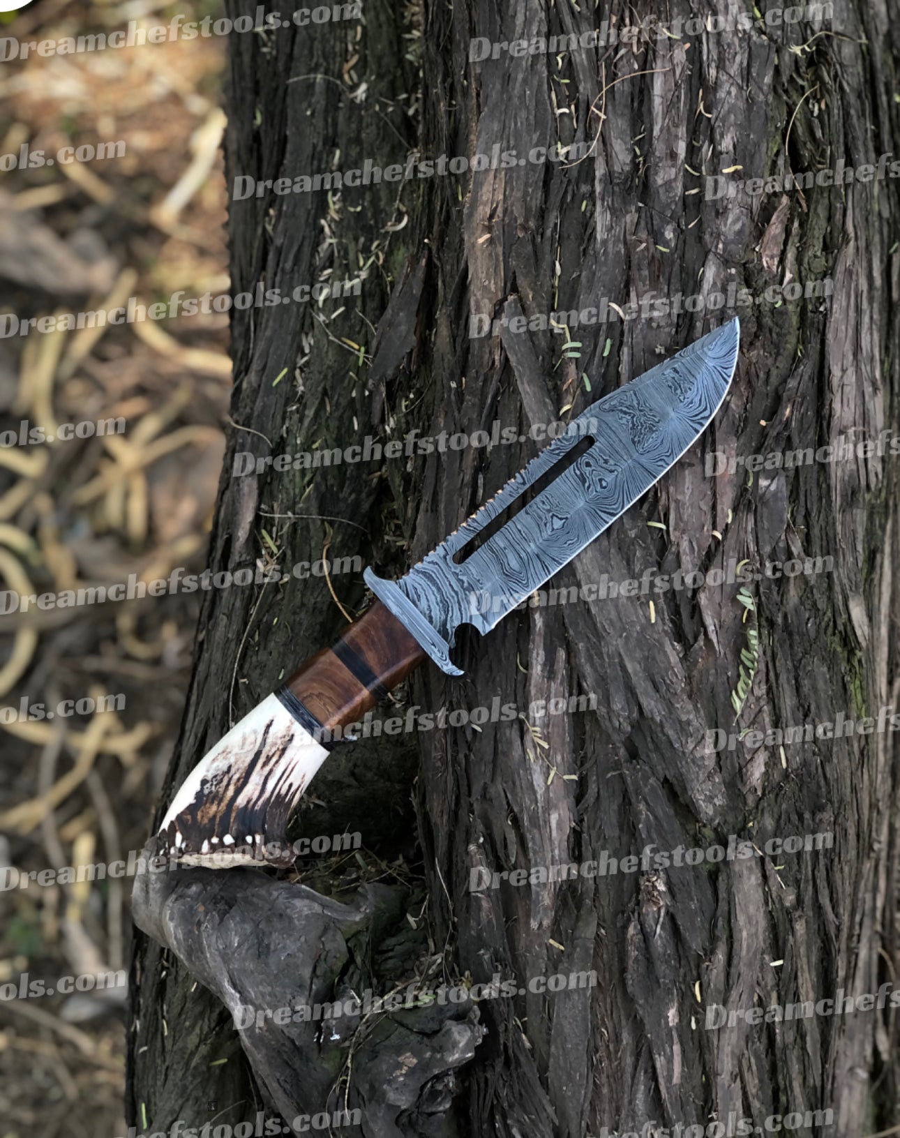 Handmade Damascus Steel Bowie Knife - Full tang construction with stag crown antler and rosewood handle, Damascus steel guard