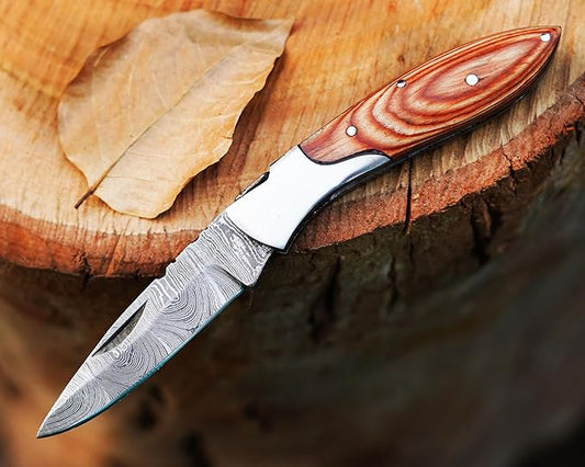 Handmade Damascus Steel Pocket Knife with Pakkawood Handle and Leather Sheath
