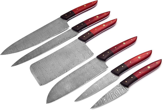 Handmade Damascus steel chef knife highlighting blade details and polished wooden handle